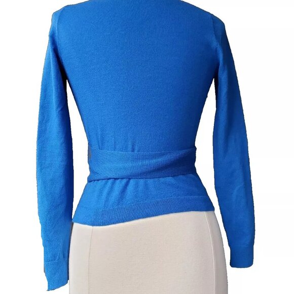 Ann Taylor Merino Wool Tie Front V-Neck Long Sleeve Blue Wrap Sweater - Picture 3 of 10